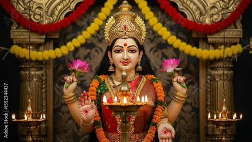 Hindu Goddess Lakshmi Statue with Festive Garland