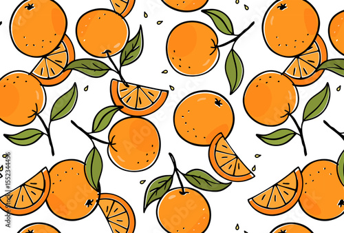 Vibrant seamless vector pattern with hand-drawn oranges, slices, and green leaves. Perfect for food packaging, kitchen decor, fresh produce themes, and refreshing summer backgrounds.