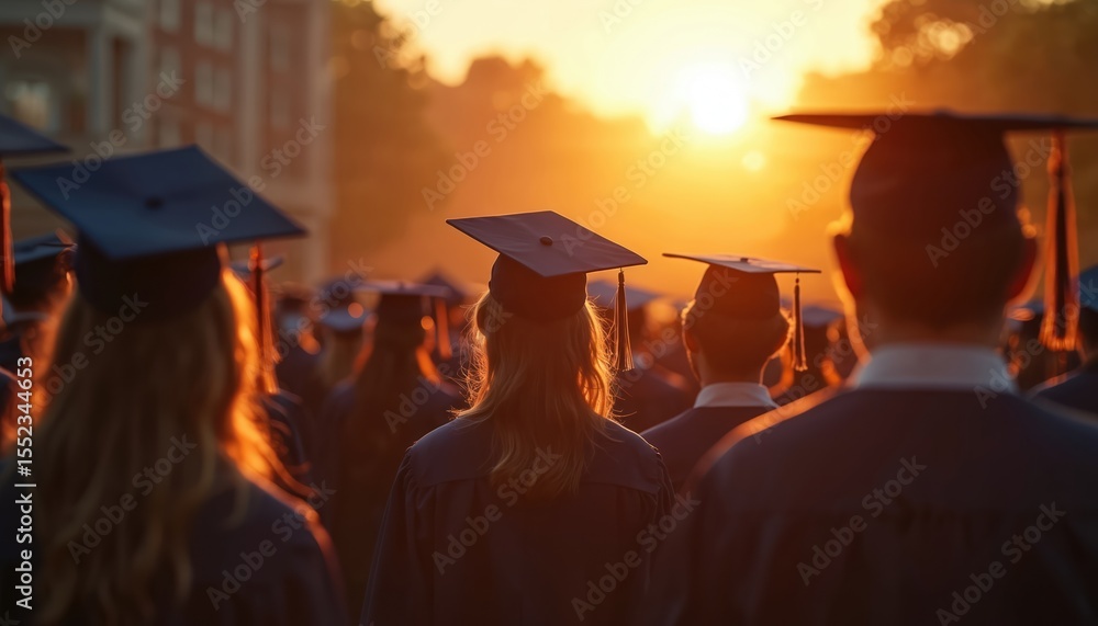 Obraz premium Graduates in caps gowns walk sunset during commencement ceremony. Golden hour creates sense of hope opportunity. Back view of people with hats, robes on graduation day. Education achievement success