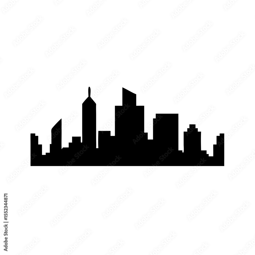 A dark silhouette of a cityscape with various buildings against a plain white background is showcased here A dark silhouette of a cityscape with various buildings against a plain white background is showcased here