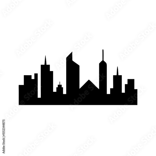 A silhouette of a cityscape with various buildings against a plain white background is presented nicely