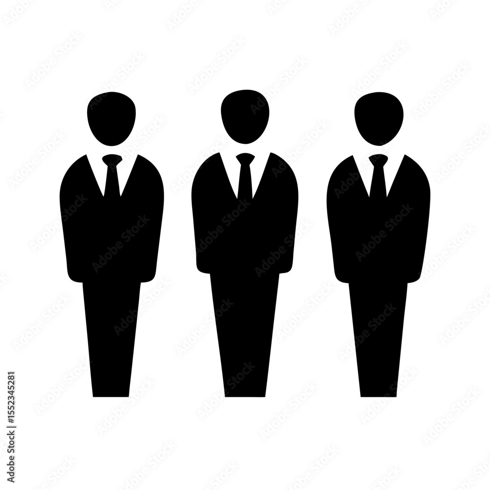 Three figures in suits standing side by side in a row representing business professionals or team members Three figures in suits standing side by side in a row representing business professionals or team members