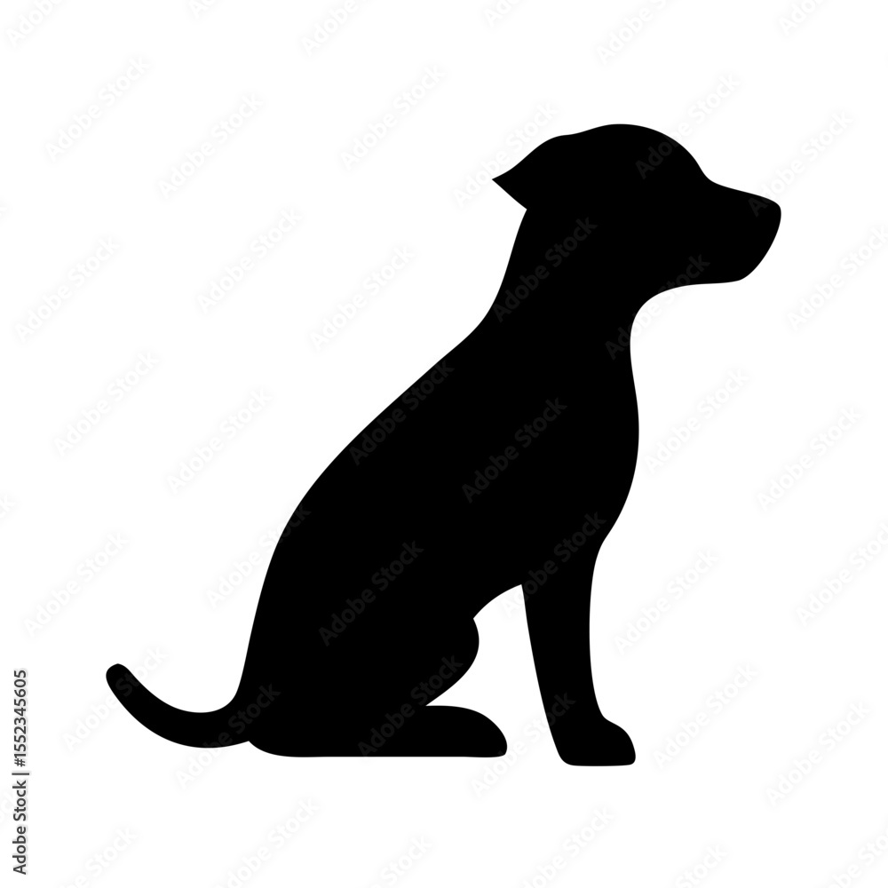 A simple graphic of a dog sitting in profile with a solid black fill on a white background image here A simple graphic of a dog sitting in profile with a solid black fill on a white background image here