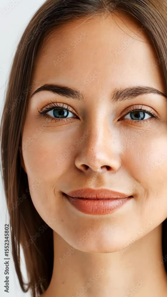 Woman smiling with joyful expressions captured through a facial sequence Woman smiling with joyful expressions captured through a facial sequence