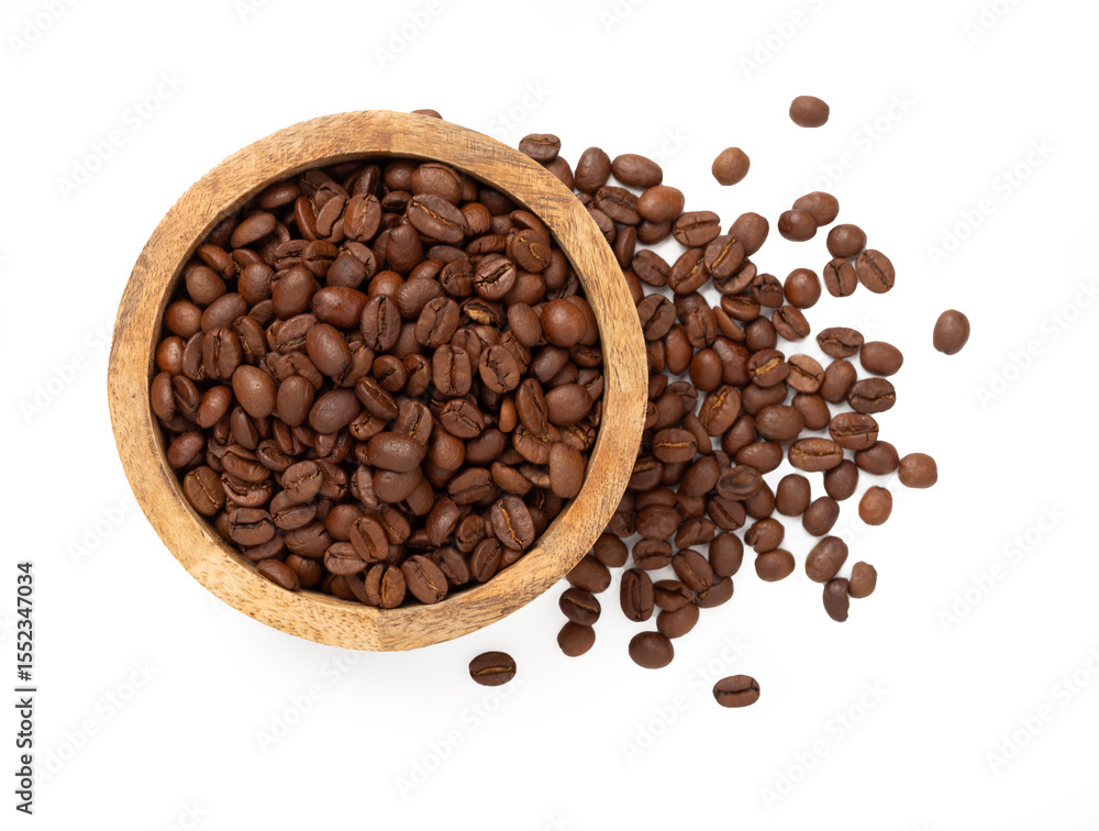 Fototapeta premium Bowl with coffee beans isolated on white,top view
