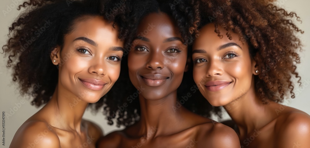 Fototapeta premium Three beautiful diverse women posing in studio. Happy friends smile. Models with glowing healthy skin. Concept of friendship beauty diversity, inclusion. Portrait of women. Skin care natural