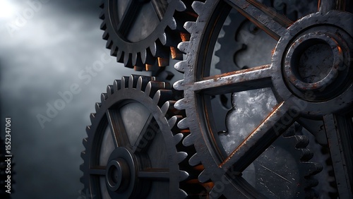 Close up of interlocking metal gears against a cloudy dark background