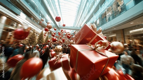 A bustling shopping mall filled with colorful gift boxes and holiday decorations, capturing the festive spirit as shoppers hustle and bustle for Christmas gifts and decorations.