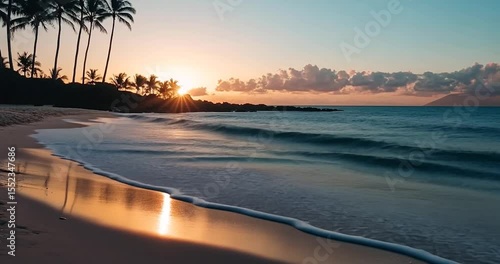 Beach video at sunset golden hour with waves crashing on shore palm trees silhouette against the sky