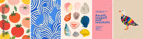 Amalfi vibes: Vector prints featuring seascapes, seagulls & shells. Bright colors, Italian style. Perfect for posters, backgrounds & summer designs.
