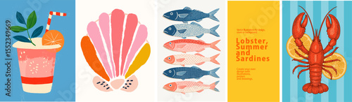 Summer Treats! Vector illustrations of a cocktail, shell, sardines & lobster. Perfect for summer designs, seafood themes, and coastal vibes. Fresh, bright & playful!
