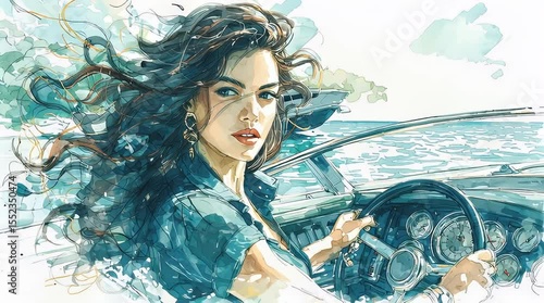 Watercolor Animation: Beautiful Woman with Long Hair on a Boat, with Splattering Paint Effects