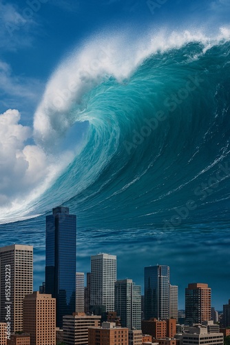 Massive Tsunami Wave Approaching a City Skyline - Natural Disaster