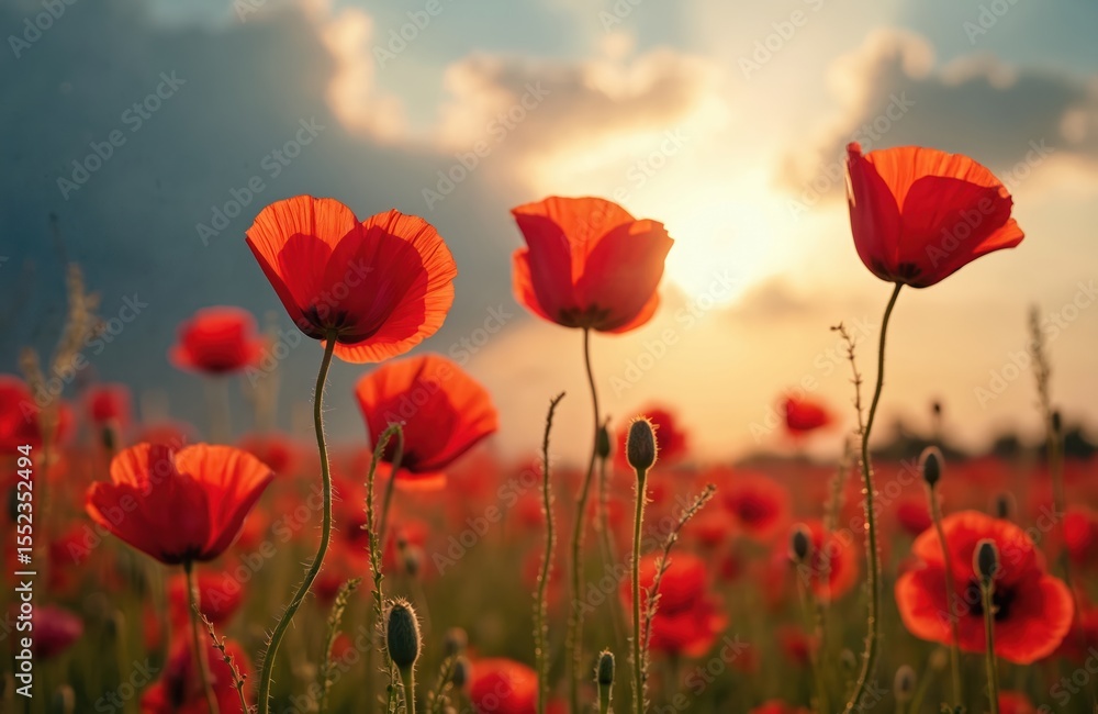 Fototapeta premium Red poppy field, wild Papaver flowers. Vibrant poppies bloom against dramatic sky with sunlight. Nature scene with blooming flowers. Summer season floral background.