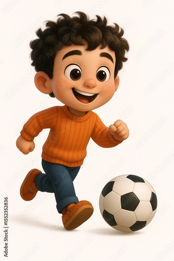 3D cartoon illustration of a happy young boy playing soccer with a classic black and white ball. The child is running joyfully, wearing an orange sweater, jeans, and sneakers. Cute and playful charact 3D cartoon illustration of a happy young boy playing soccer with a classic black and white ball. The child is running joyfully, wearing an orange sweater, jeans, and sneakers. Cute and playful charact