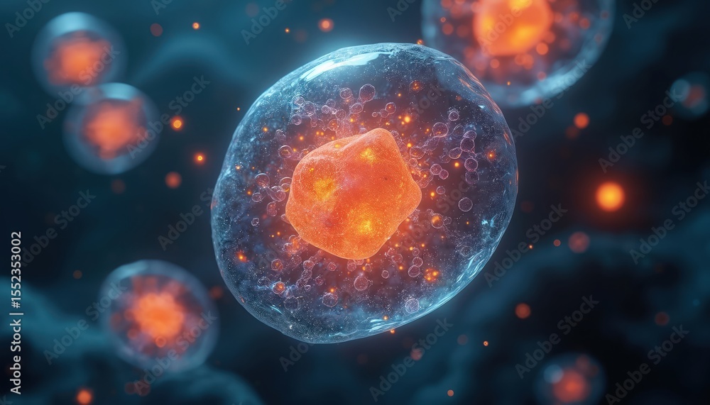 Naklejka premium Digital illustration of chemical compound breaking down within glowing human cell. Energy particles transfer highlights biochemical processes. Science, medicine, tech innovations visualization for