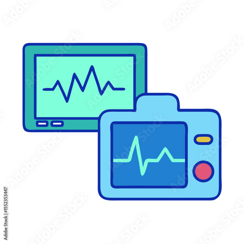 Defibrillator pads and screen icon representing medical equipment in flat design with blue and turquoise colors, copy space