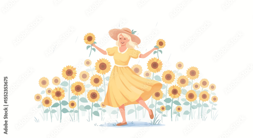 Fototapeta premium Happy woman in yellow dress with sunflowers field illustration summer vibes and floral background art design vector