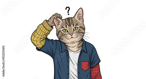 Confused cat with question mark scratching head illustration for animal lovers and pet owners design art vector