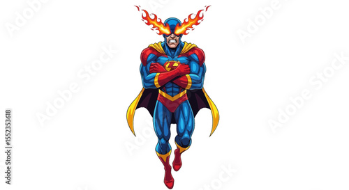 Illustration of superhero with flaming eyes and cape in comic book style character design concept vector
