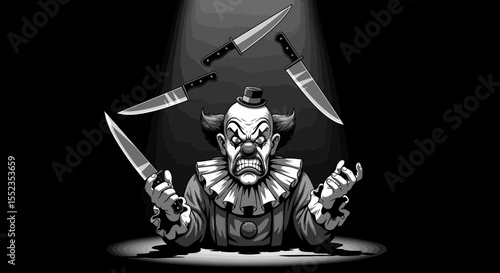 Scary clown juggling knives vector illustration for halloween horror circus and dark carnival themed designs vector