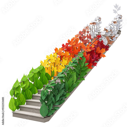 Staircase Decorated with Leaves Representing the Four Seasons: Spring, Summer, Autumn, and Winter