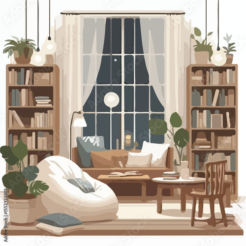 image of a comfortable reading area with bean bags and soft lighting with a simple and minimalist flat design using a white background