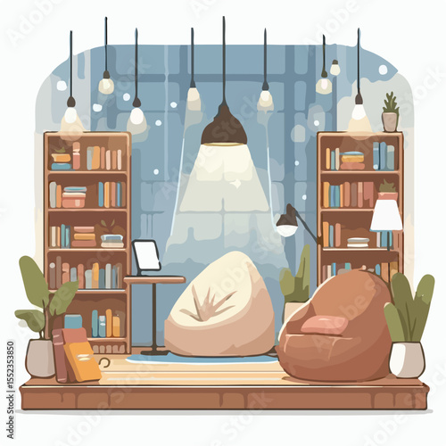 image of a comfortable reading area with bean bags and soft lighting with a simple and minimalist flat design using a white background