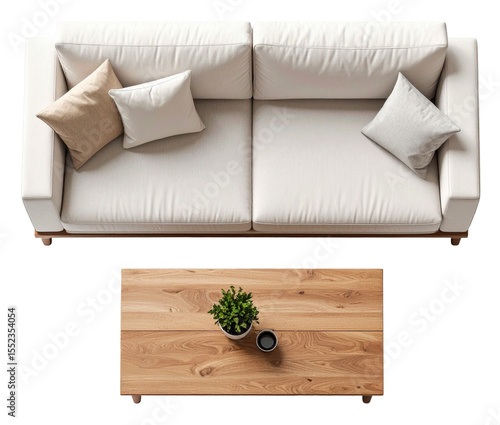 top view of white double sofa with wooden table isolated on white