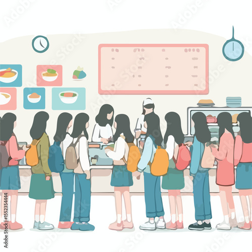 image of a school canteen atmosphere with students buying food with a simple and minimalist flat design using a white background