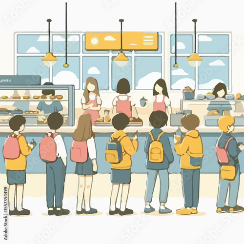 image of a school canteen atmosphere with students buying food with a simple and minimalist flat design using a white background