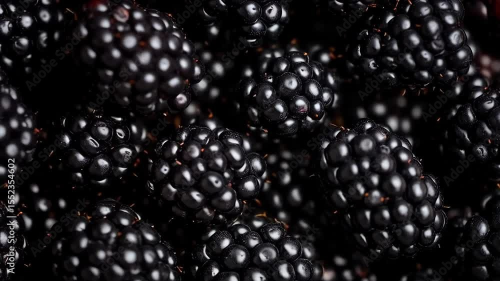 Close-up shot featuring a pile of ripe and juicy blackberries filling the frame with dark and shiny textures. Close-up shot featuring a pile of ripe and juicy blackberries filling the frame with dark and shiny textures.