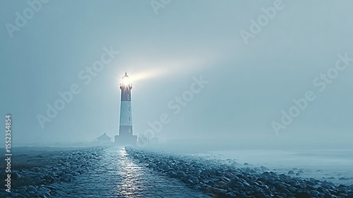 Lighthouse Day. A white navigational beacon lit against a foggy blue background.