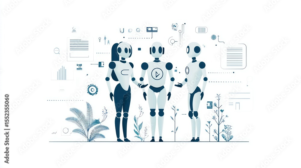 Three robots stand together in front of an abstract background Three robots stand together in front of an abstract background