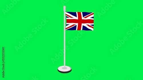 Animated Uk flag on a pole against a green background. Perfect for patriotic designs, travel brochures, UKthemed events, and national celebrations.