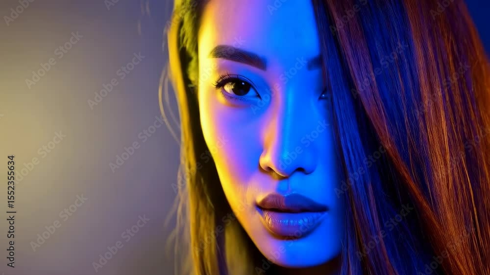 Portrait of a beautiful Asian woman under vibrant blue and yellow lighting, emphasizing her features and highlighting her long, flowing brown hair. Portrait of a beautiful Asian woman under vibrant blue and yellow lighting, emphasizing her features and highlighting her long, flowing brown hair.