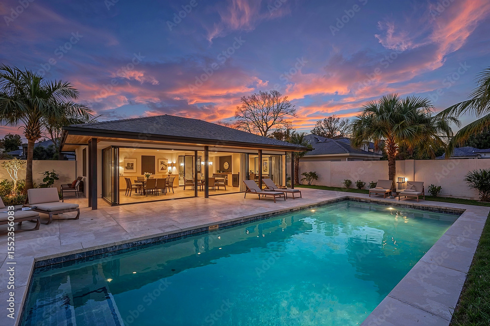 Fototapeta premium Stunning modern outdoor pool house bathed in sunset light