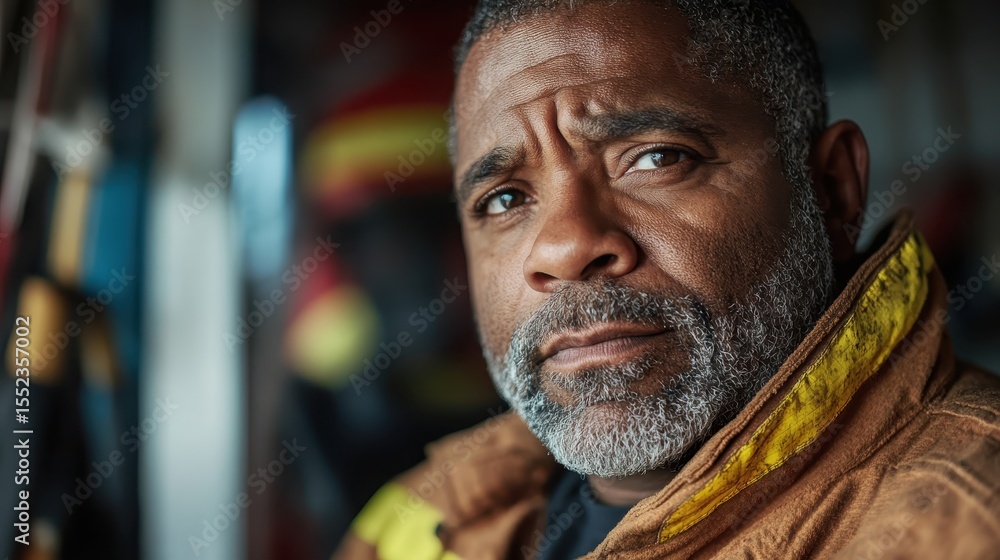 A close-up portrait of a brooding firefighter in protective clothing, reflecting deep commitment and courage, emblematic of bravery and service within emergency response teams. A close-up portrait of a brooding firefighter in protective clothing, reflecting deep commitment and courage, emblematic of bravery and service within emergency response teams.