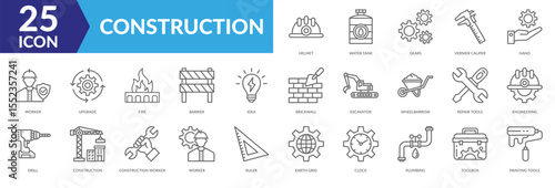 Waste management icon collection set. Containing Helmet, Water Tank, Gears, Vernier Caliper, Hand, Worker, Upgrade, Fire,Barrier, Idea