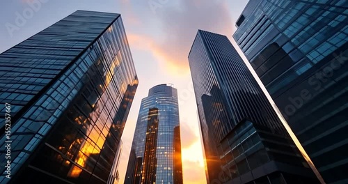 Low angle video shot of modern skyscrapers with reflective glass facades against a vibrant orange and blue sunset sky. Focus on architectural details and city skyline