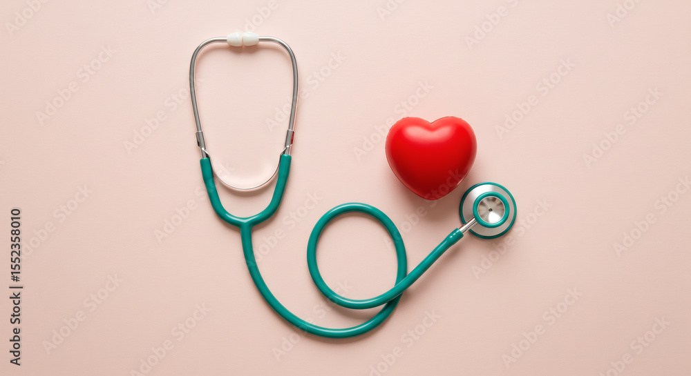 Stethoscope and red decorative heart on pale pink background, Cardiology 03 Stethoscope and red decorative heart on pale pink background, Cardiology 03