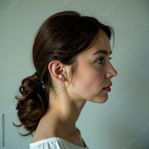 Profile portrait of a woman with brunette hair styled in an elegant bun, wearing a white off-shoulder top. Her expression is calm and thoughtful, emphasizing soft lighting and shadow