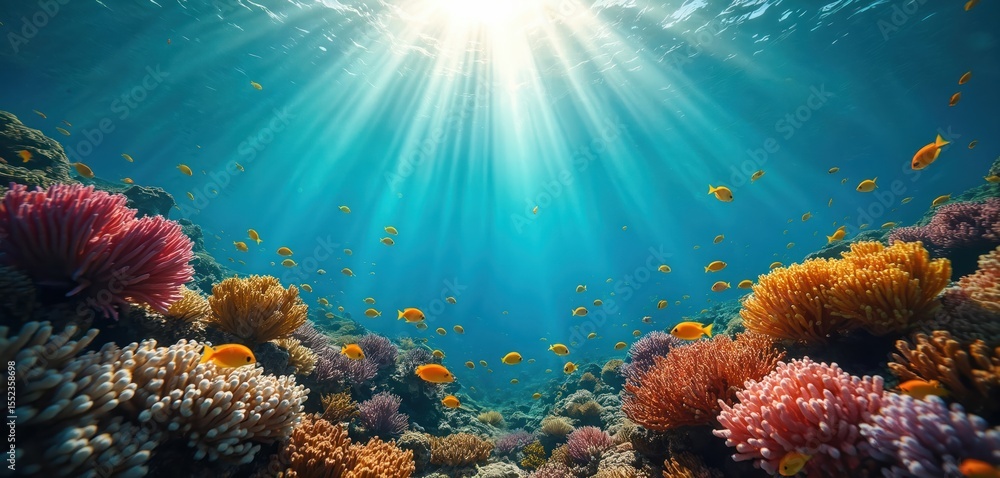 Naklejka premium Vibrant underwater coral reef with sunlight rays. Colourful marine life including fish. Underwater world, ocean scenery, sunlight, ray, sunbeam, sea life, aquatic ecosystem.