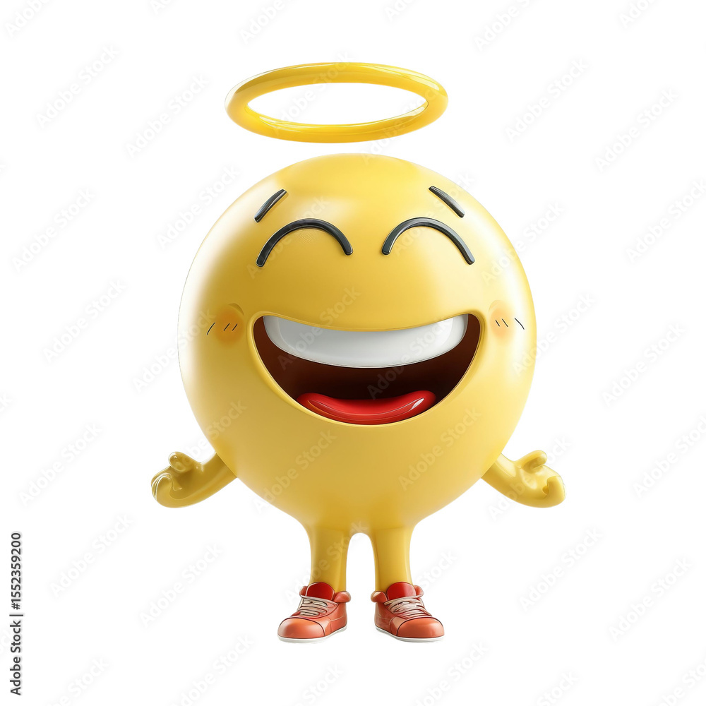 Fototapeta premium A cheerful yellow emoji character with a halo, exuding joy and positivity, perfect for playful designs.