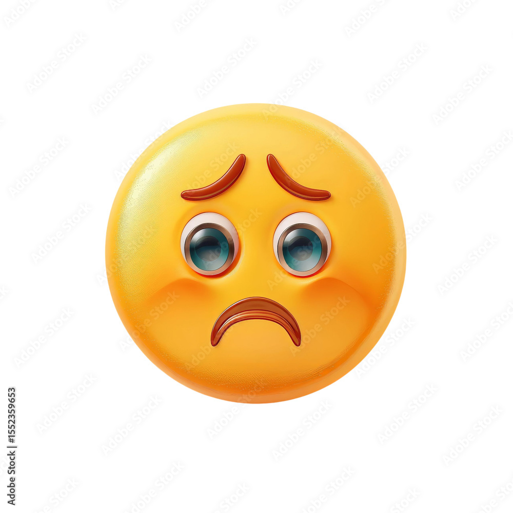 Fototapeta premium A sad yellow emoji with large blue eyes and a frowning mouth, conveying deep feelings of disappointment and sorrow.