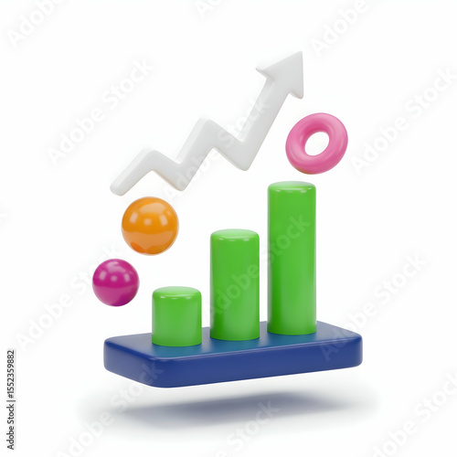 Colorful 3D Bar Graph with Upward Arrow and Spheres Suggesting Growth and Success