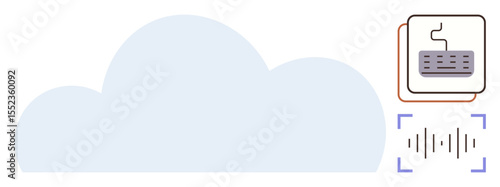 Cloud icon, keyboard, and sound waves highlight digital data storage, input, and voice recognition. Ideal for cloud computing, technology, innovation, efficiency digital security automation simple
