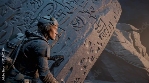 Astronaut explores ancient alien ruins on distant planet during a mysterious expedition at twilight