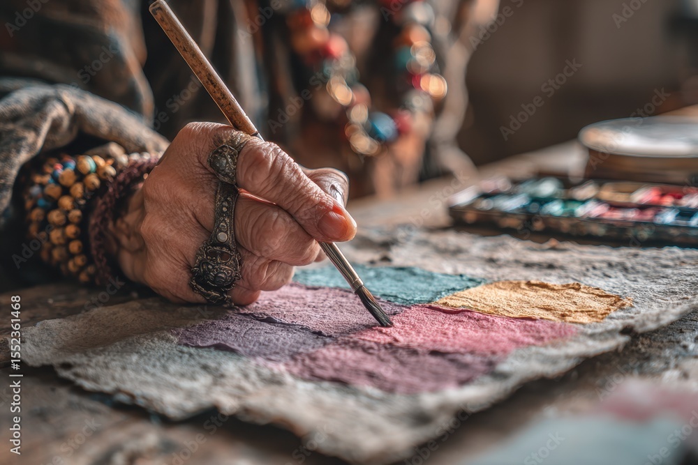 Obraz premium Close-up of an elderly artist's hand, delicately painting on textured paper.
