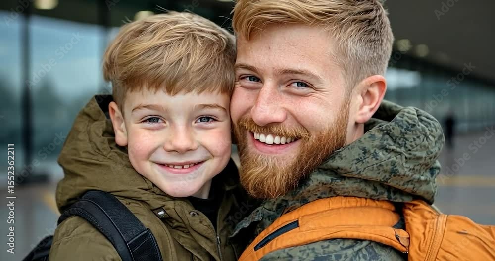 Father and son embrace smiling with airport background and backpacks. Outdoor daylight portrait in warm tones, with blurred background. Focus on happiness and bonding Father and son embrace smiling with airport background and backpacks. Outdoor daylight portrait in warm tones, with blurred background. Focus on happiness and bonding